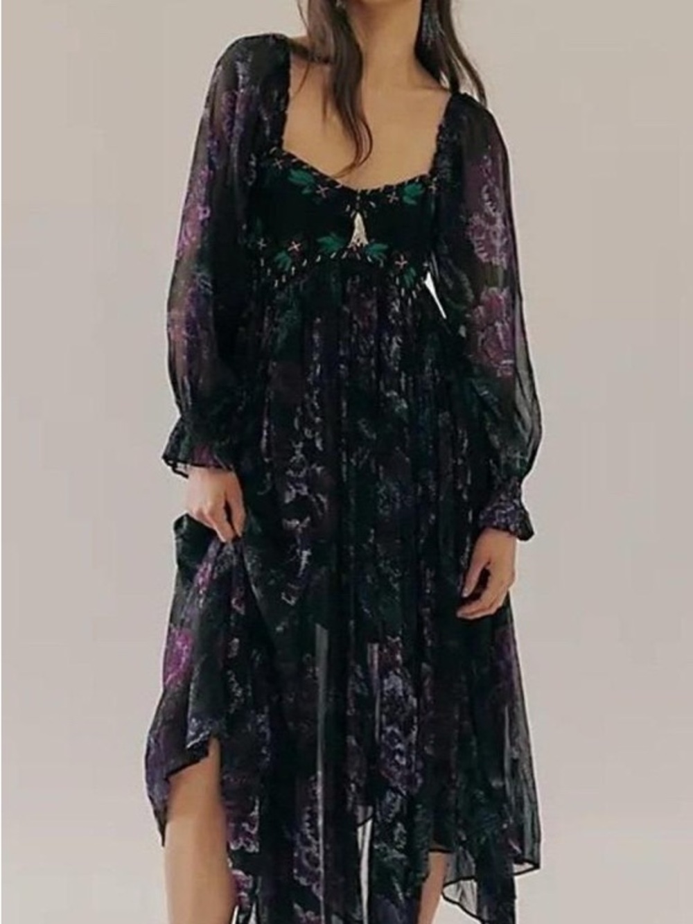 Free People Long Sleeve Black Floral Midi Dress - Small